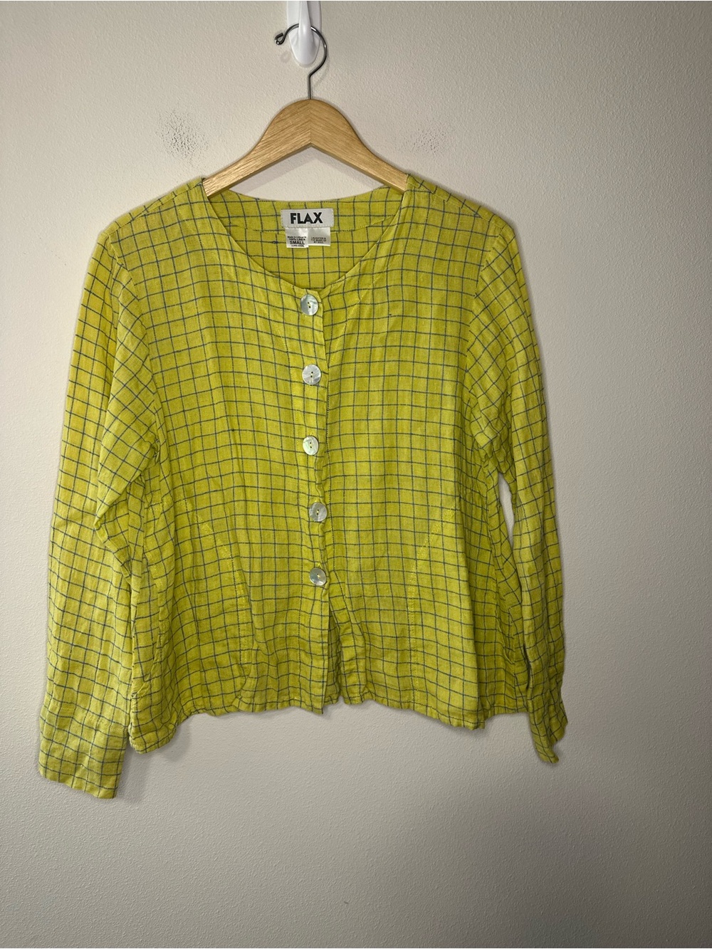 FLAX 100% linen yellow green and blue checkered top size small